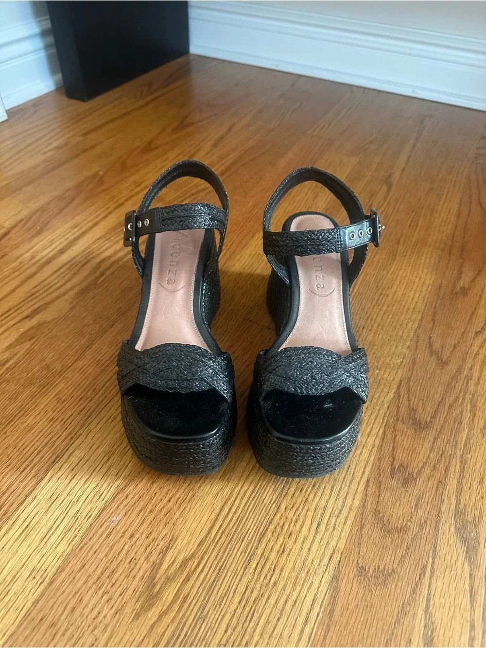 Woven Black Platform Espadrille Sandals with Ankle Strap
